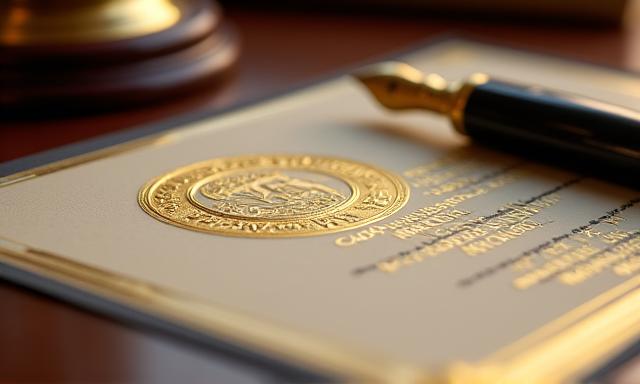 골드 톤의 전문 인증서와 펜이 놓인 책상의 모습, 고급스러운 조명