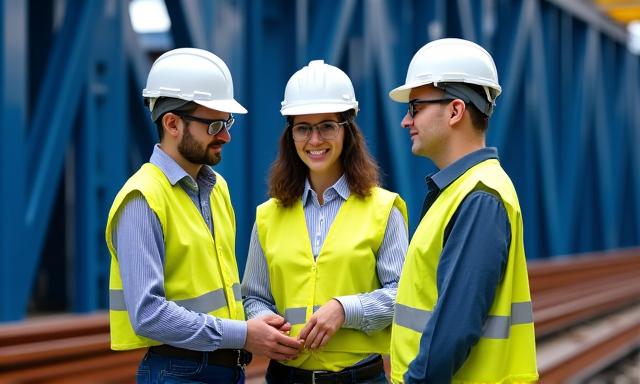 강철 구조물 앞에서 안전모와 보안경을 착용한 작업자들이 브리핑하는 모습