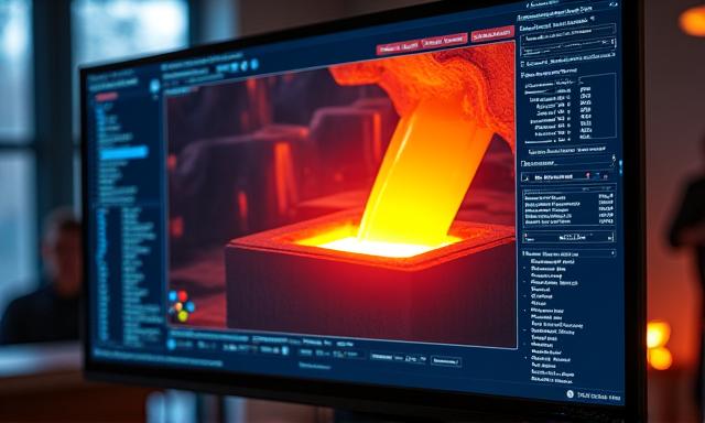 3D 모델링 소프트웨어 인터페이스에 표시된 뜨거운 쇳물을 붓는 가상 주조 시뮬레이션 화면