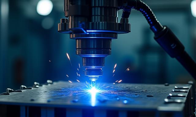 고성능 레이저 용접 기술: 푸른 불빛 아래 정밀하게 용접되는 로봇 팔의 모습