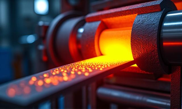 고온의 금속을 압연 롤러로 미는 산업 공정 시뮬레이션 화면